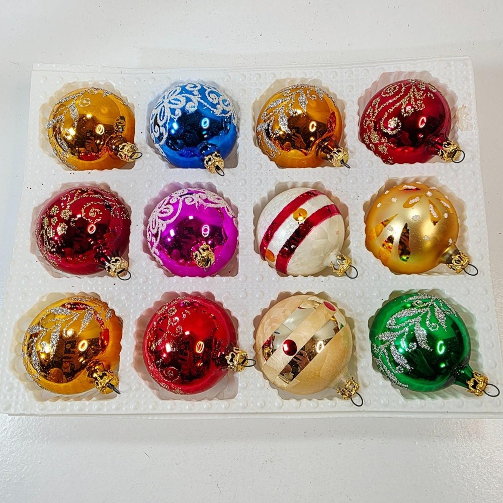 Kurt Adler 12 Multicolor Small Glass Christmas Ornaments Made In Columbia 1.25"